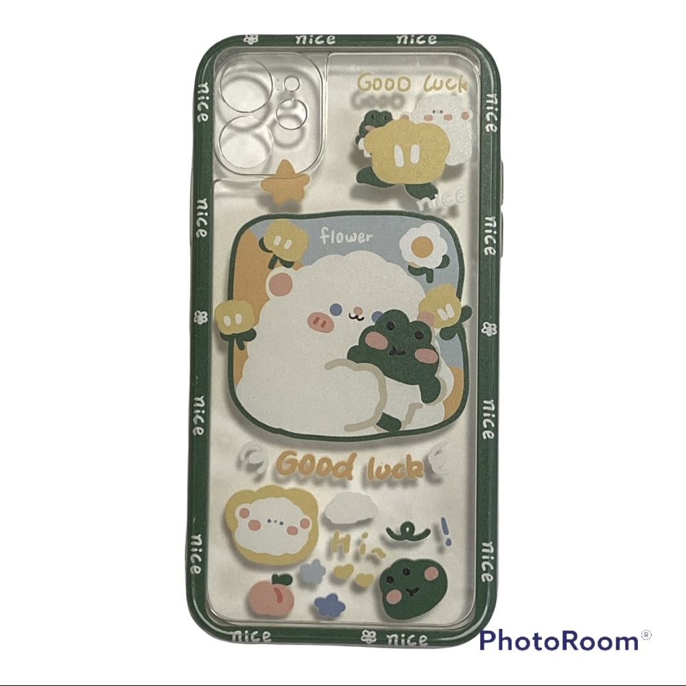 I-Phone 11 Case Korean Transparent Lamb & Frog Good Luck Character Print